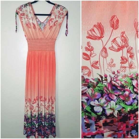 FC Dresses & Skirts - FC Sleeveless Smocked Ombre Floral Maxi Sun Dress with Adjustable Shoulders, M/L